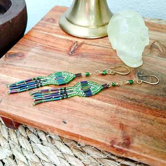 Boho Chic Beaded Cascade Fringe Dangle Earrings, Seed Bead Jewelry, 5" - Picture 3 of 8